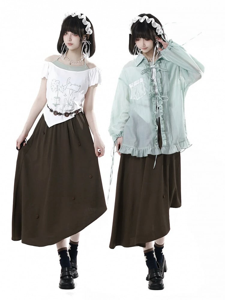 Brown Elastic Waist Asymmetrical Hem Floral Decorated Skirt