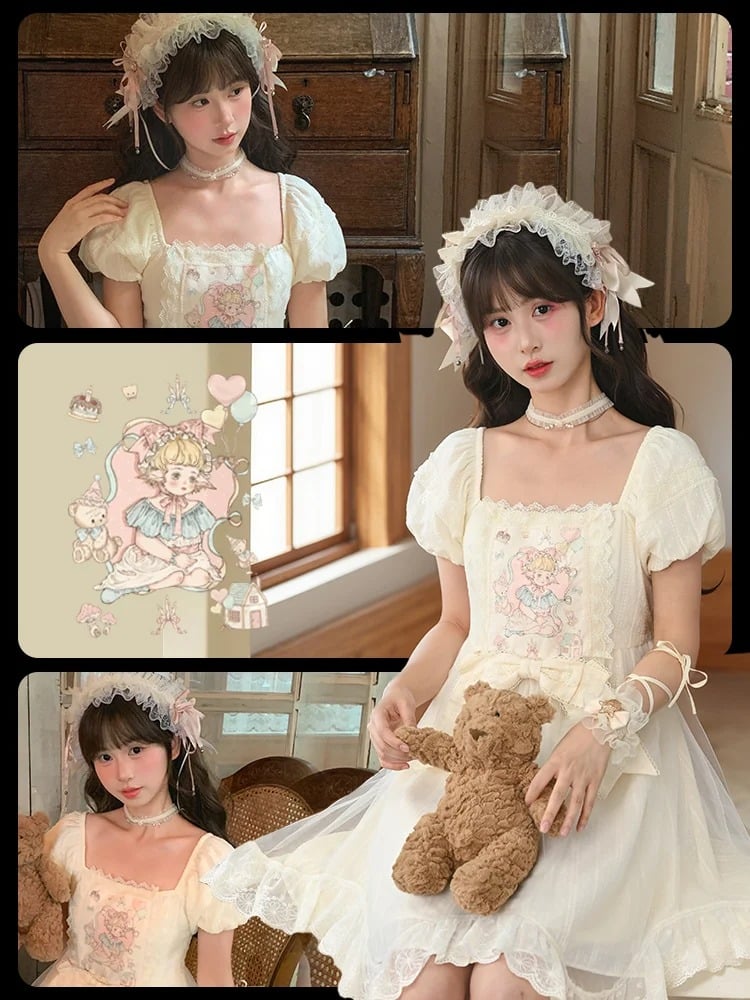 Sweet Fairy Tale Print Apricot Square Neckline and Short Puff Sleeves Big Bow Waist Casual Lolita Dress