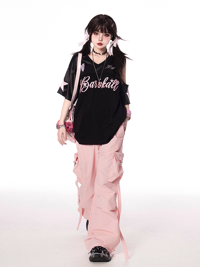 Pink Low Waist Cargo Pockets Wide-leg Pants