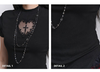 Black Mock Neck Heart-shaped Cutout Cross Print T-shirt