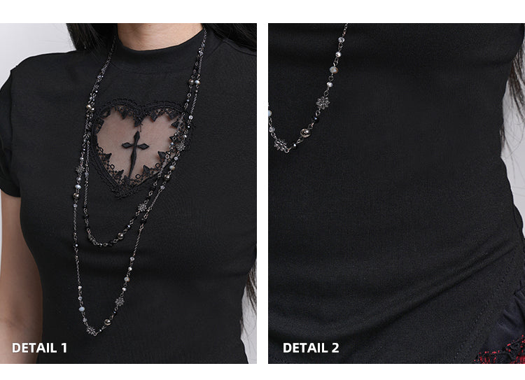 Black Mock Neck Heart-shaped Cutout Cross Print T-shirt