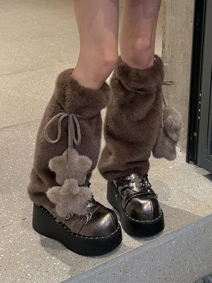 White/Yellow/Pink/Blue/Brown Sweet Plush Leg Warmers With Star-shaped Pompons