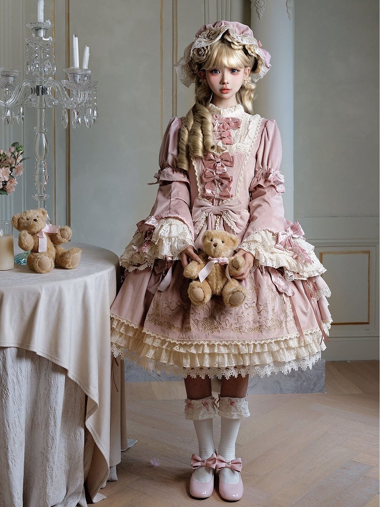 Candle and Candlestick Embroidery Pink Bell Sleeves Velvet Dress Lolita OP / Set