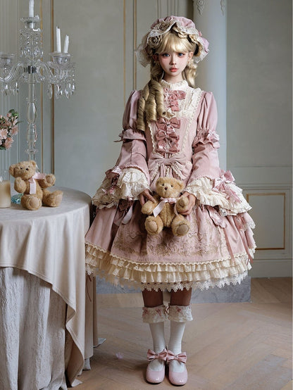 Candle and Candlestick Embroidery Pink Bell Sleeves Velvet Dress Lolita OP / Set