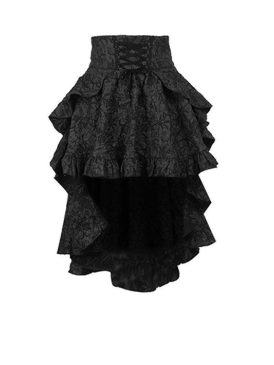 Gothic Black High Waist High-low Ruffle Skirt with Lace-up Detail at Front