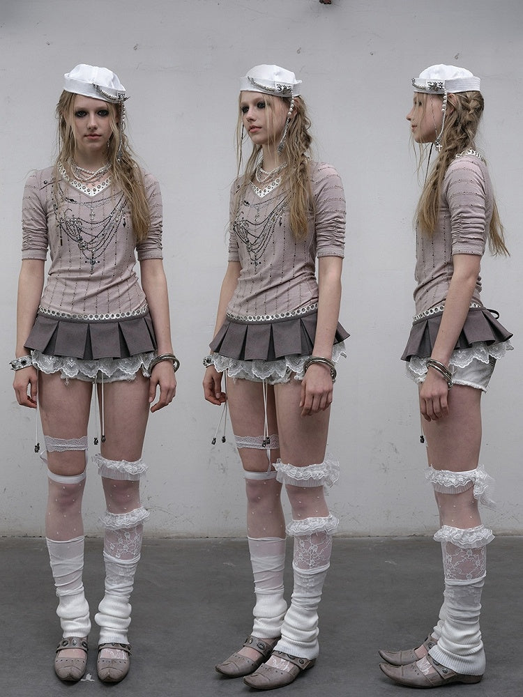 Pink/Blue Wasteland Punk V-neck Rhinestone Necklace Design Striped Pattern Long Sleeves Top