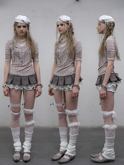 Pink/Blue Wasteland Punk V-neck Rhinestone Necklace Design Striped Pattern Long Sleeves Top