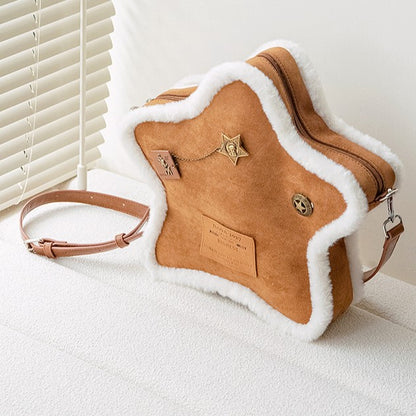 Vintage Brown Small-Sized Star-Shaped 2-Way Backpack With Labels And Metal Pins In A Plush Feel