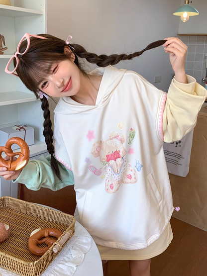 Green and Yellow Colorblock Design Teddy Bear Print Drawstring Hem Autumn Hoodie