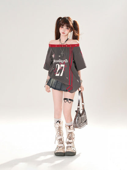 Gray Off-the-shoulder Neckline Number and Star Print Loose T-shirt