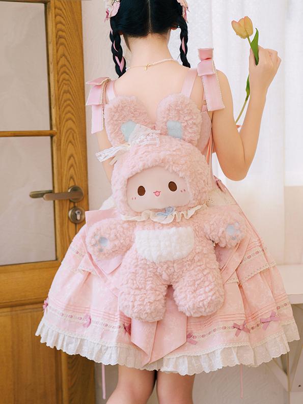 Pink Fluffy Bunny Plush Backpack With Detachable Shoulder Straps