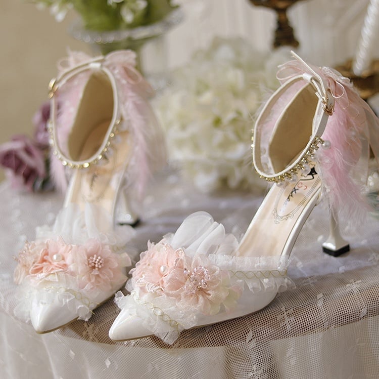 White & Pink Floral Design Feather Decorated 8CM Hime Lolita High Heels
