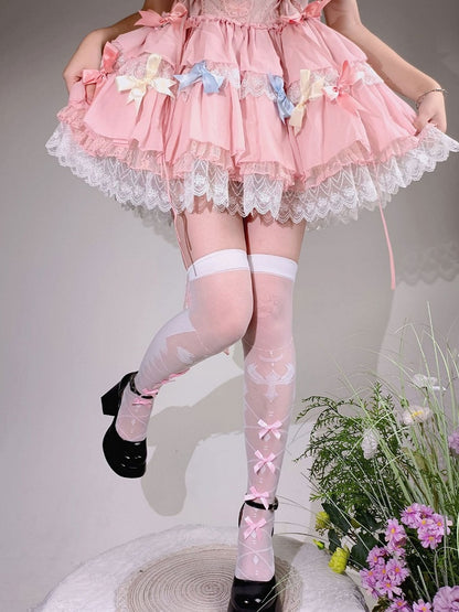 White and Pink Bow Semi-sheer Cross and Wing Print Over Knee Stockings