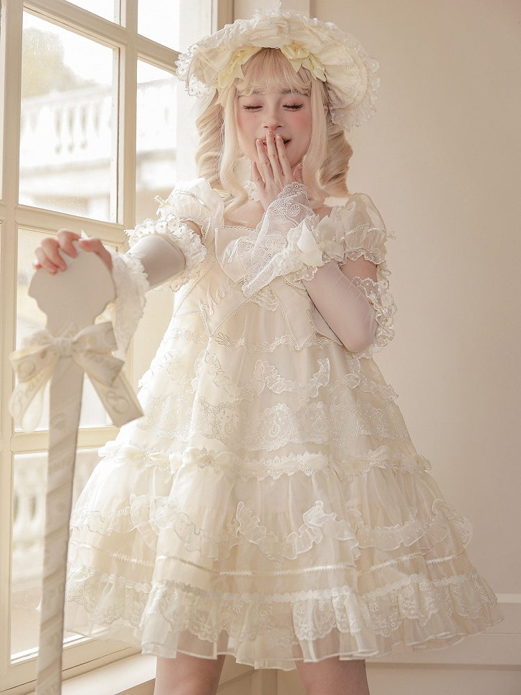 Embroidered Big Bow Neckline Creamy White Short Puff Sleeves Lolita Dress