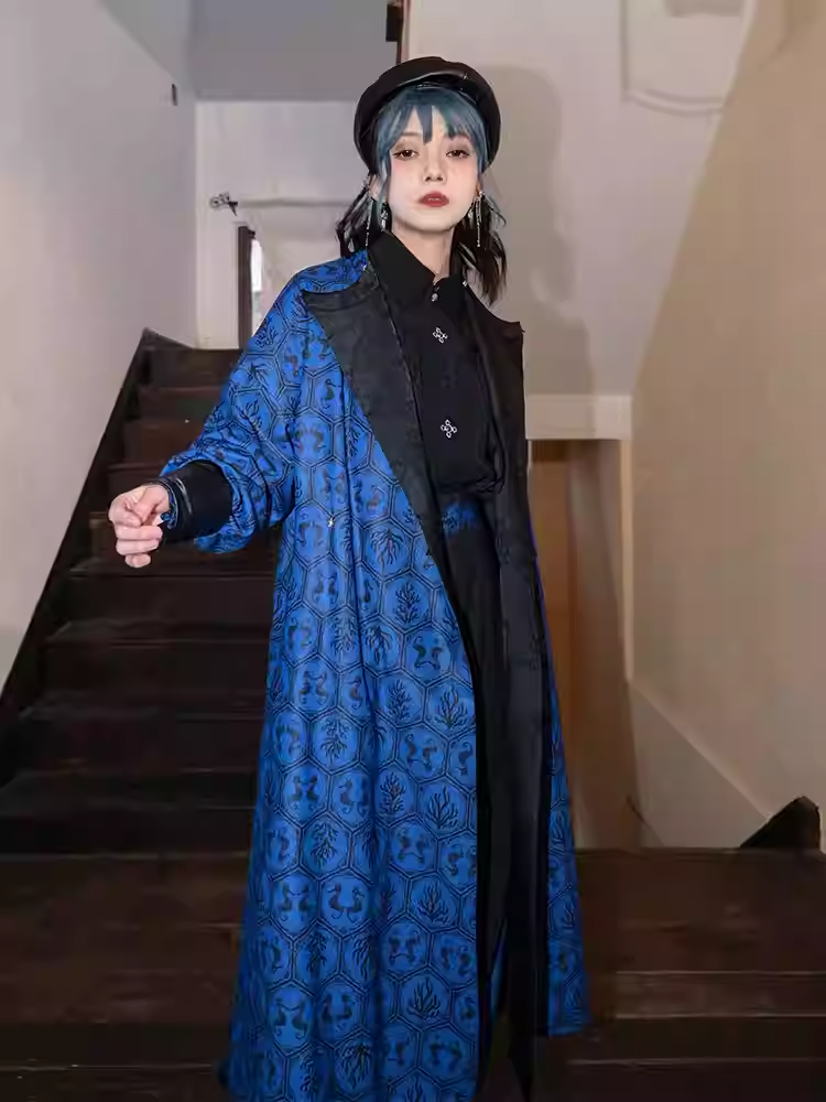 Reversible Blue Seahorses and Coral Print Black Jacquard Cheongsam Style Long Coat