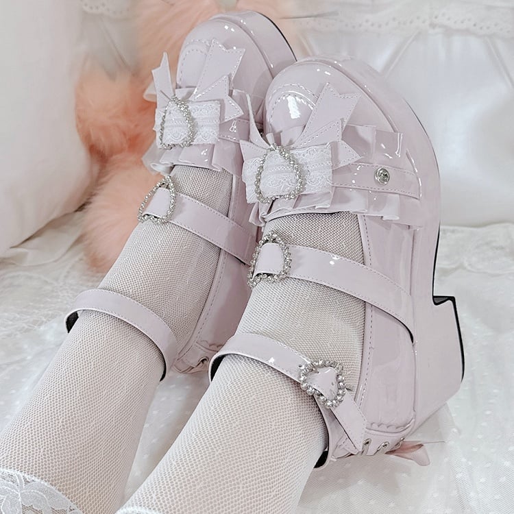 Jirai Kei Polished Pink Rhinestone Heart Decorated Lace-up Details Platform High Block Heels