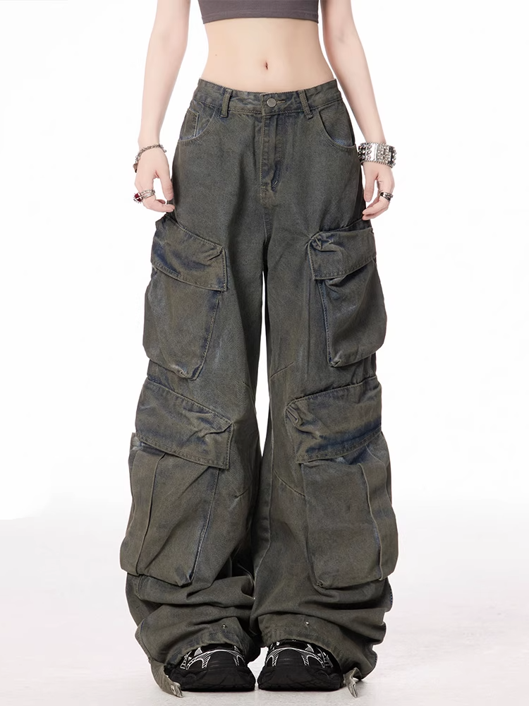 Dark Blue Low Waist Cargo Pockets Distressed Vintage Wide-leg Jeans