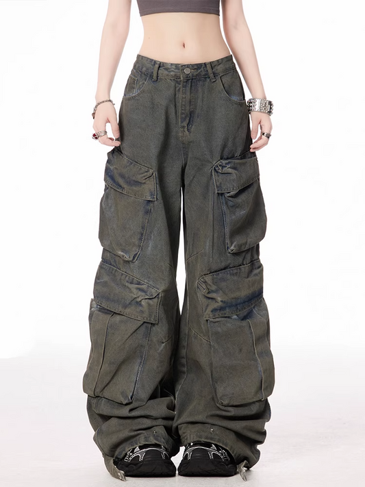 Dark Blue Low Waist Cargo Pockets Distressed Vintage Wide-leg Jeans