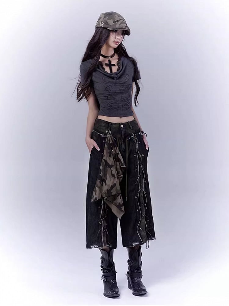 Dark Gray Cowl Neckline Cross Cutout Detail T-Shirt