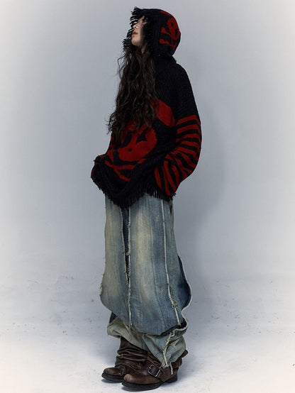 Black and Red Skull Bunny Punk Loose Hooded Sweater with Striped Sleeves
