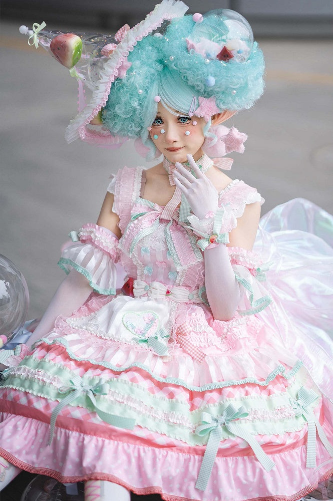 Pink and Green Watermelon Cake Bow Accents Tiered Skirt Sweet Lolita Dress