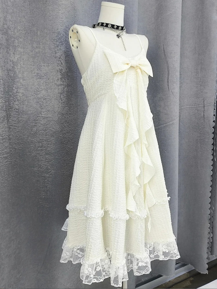 Apricot Big Bow Neckline Lace Trim Cami Dress Bubble Skirt