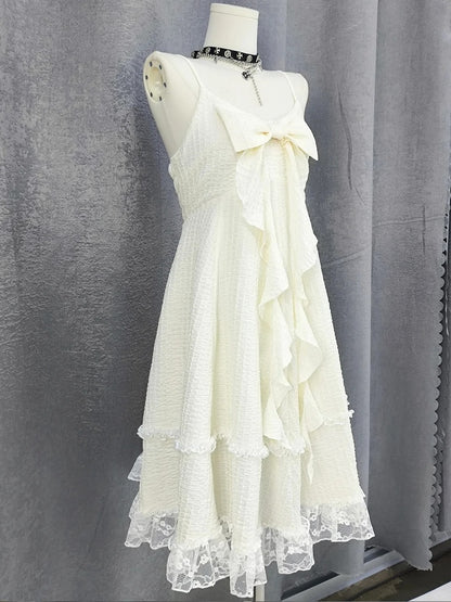 Apricot Big Bow Neckline Lace Trim Cami Dress Bubble Skirt