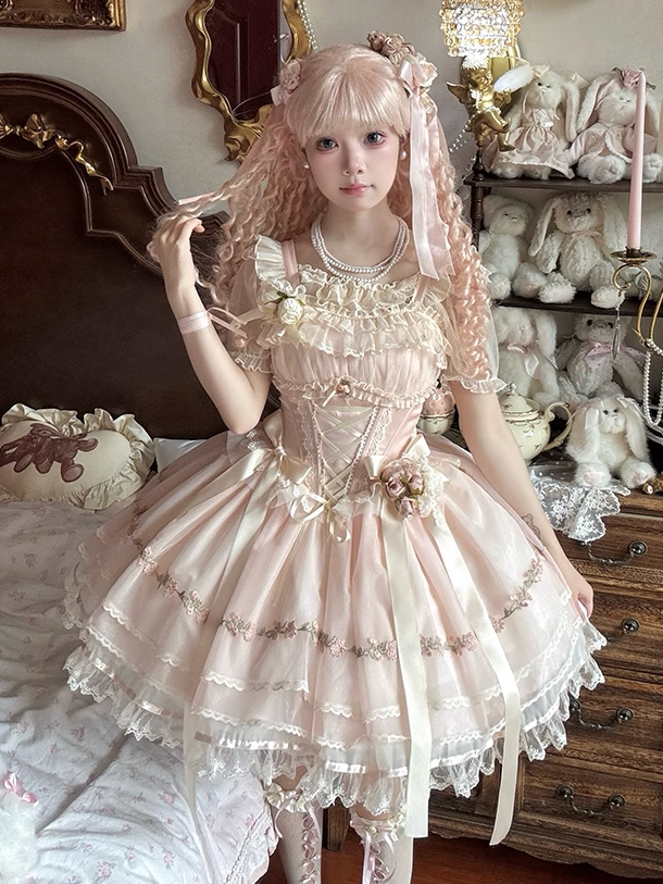 Pink Ribbon Bowknots Decoration Boned Waist Balletcore Sweet Lolita Dress Flutter Sleeves JSK
