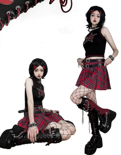 Black and Red Punk Goth Platform Boots Spike Studs Chains Knee-high Boots