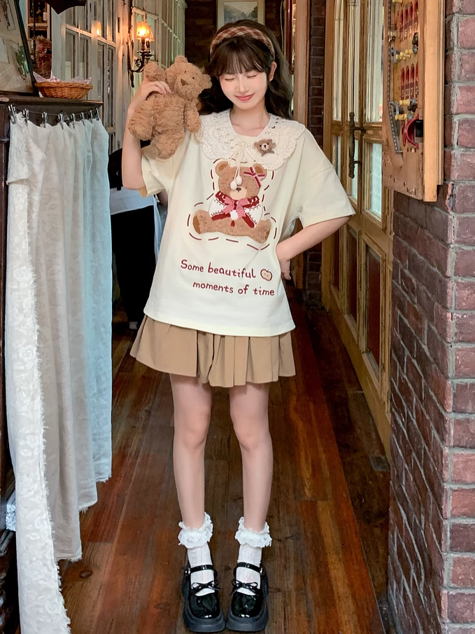 Plush Bear Embroidery Apricot Round Neck Loose Cotton T-shirt