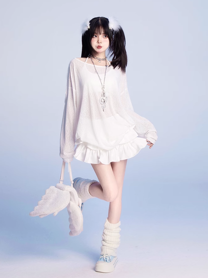 Butterfly-shaped Cutout White Asymmetrical Neckline Semi-sheer Coverup