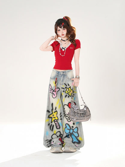 Faux Two-pieces Lace Camisole Design Black/Red Slim-fitting T-shirt