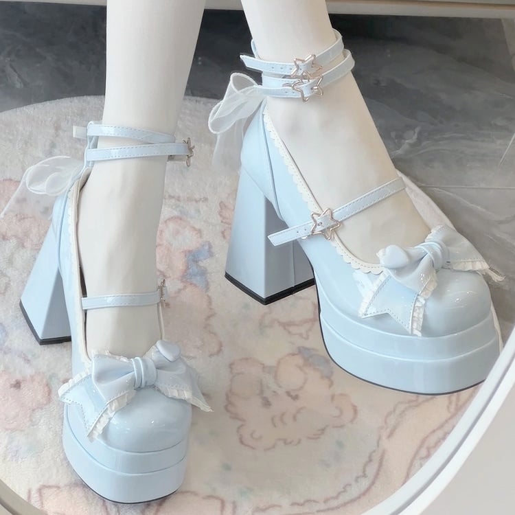 11CM Polished Blue Bow at Top Sweet Lolita Platform High Heels