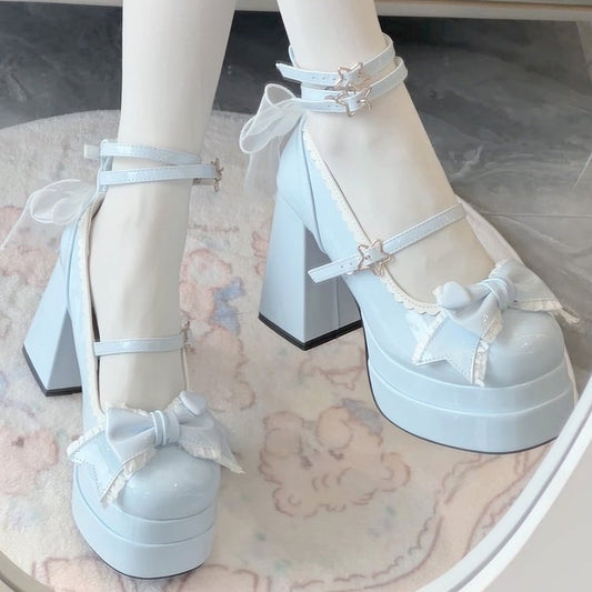 11CM Polished Blue Bow at Top Sweet Lolita Platform High Heels