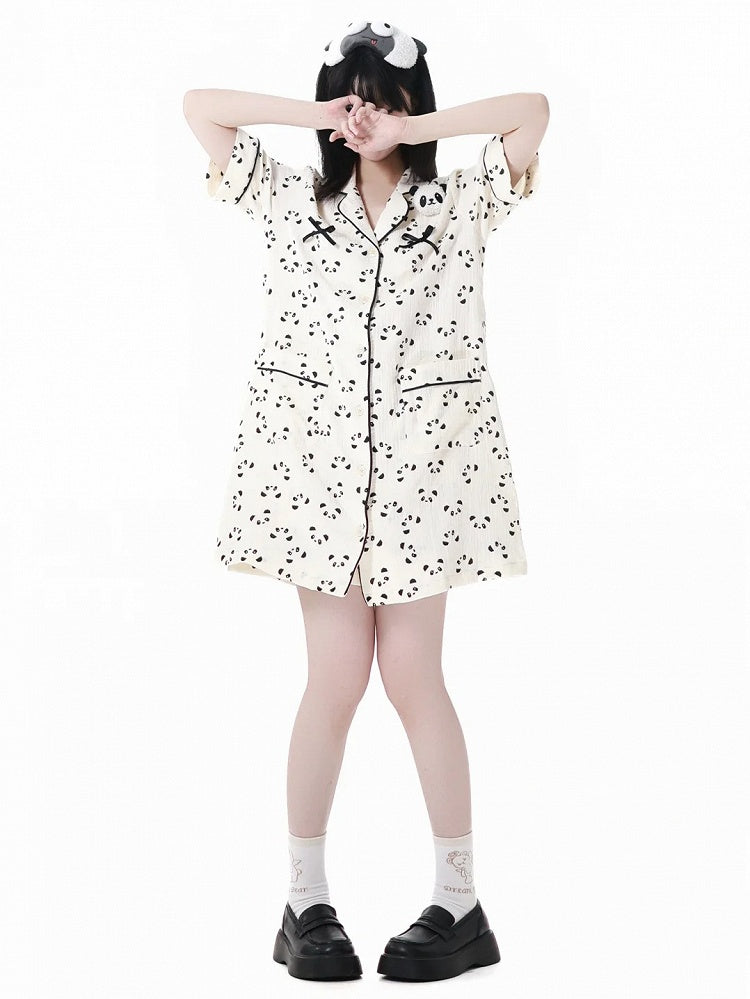 Beige Scalloped Edge Collar Allover Panda Print Pajamas Shirt Dress Panda Plushie