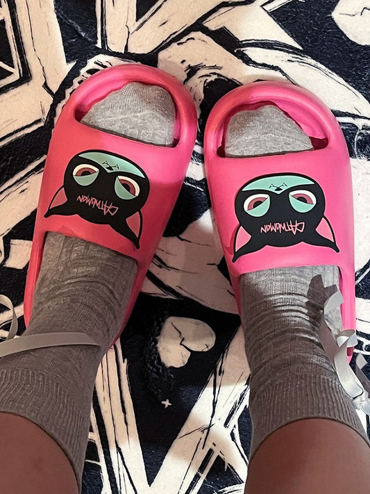 Pink Gothic Summer Slippers With Black Pink and Green Cat Applique