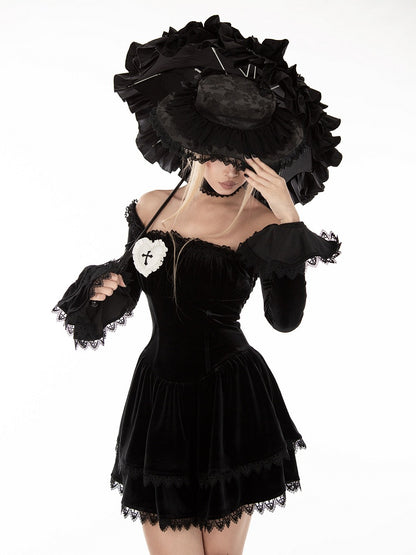 Gothic Black Velvet Off-the-shoulder Neckline Bell Sleeves Dress
