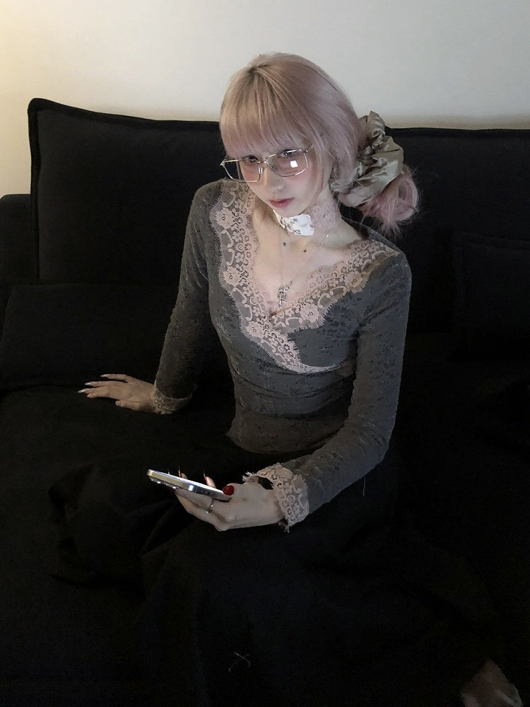 Gray & Pink Lace Trim Crossover Long Sleeve Top