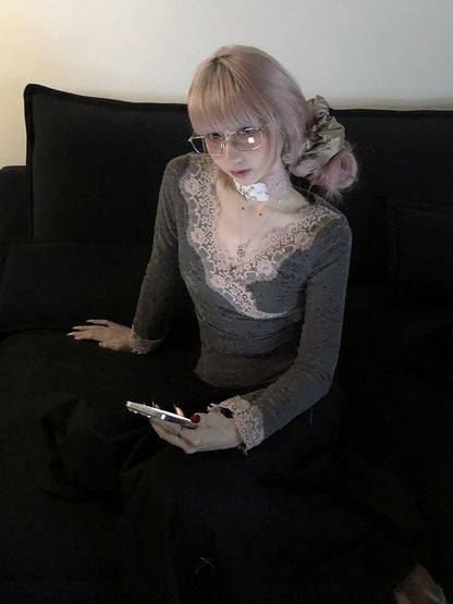 Gray & Pink Lace Trim Crossover Long Sleeve Top