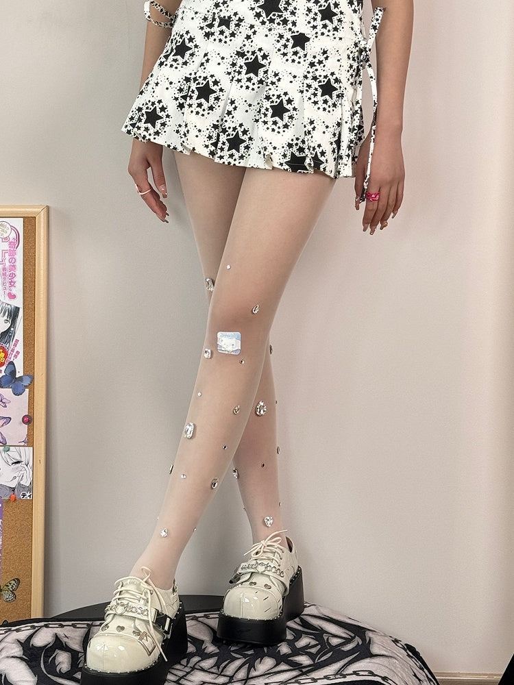 Nude/White Y2K Rhinestone Decorated Tights