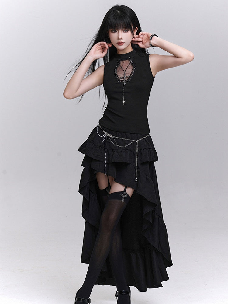 Studded Coffin-Shaped Cutout Black Tank Top with Free Cross Necklace