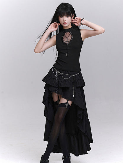 Studded Coffin-Shaped Cutout Black Tank Top with Free Cross Necklace