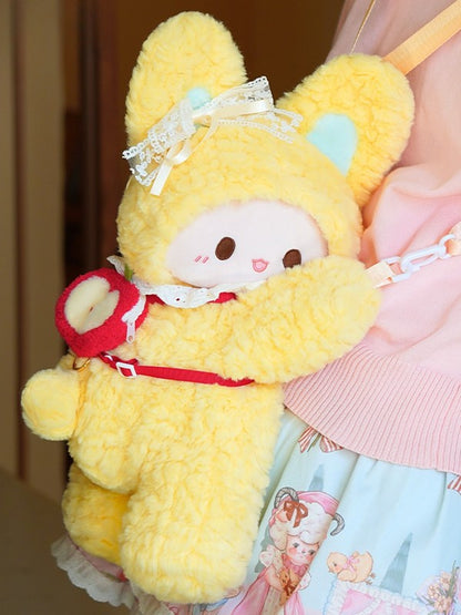 Yellow Rabbit-shaped Bowknot Plush Backpack + 3 Options Keychain Middle/Large Size