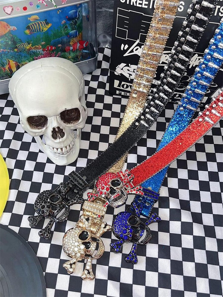 Y2K Glittering Rhinestones Punk Skull Bullets Waist Belt Black/Red/Blue/Gold