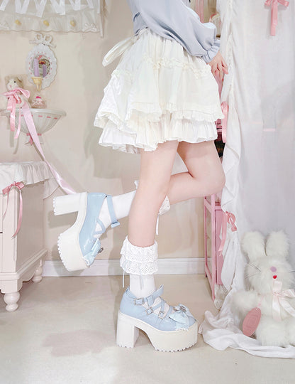 Blue Rhinestone Bowknot Jirai Kei Platform High Heels