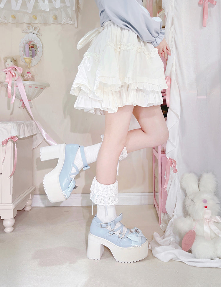 Blue Rhinestone Bowknot Jirai Kei Platform High Heels