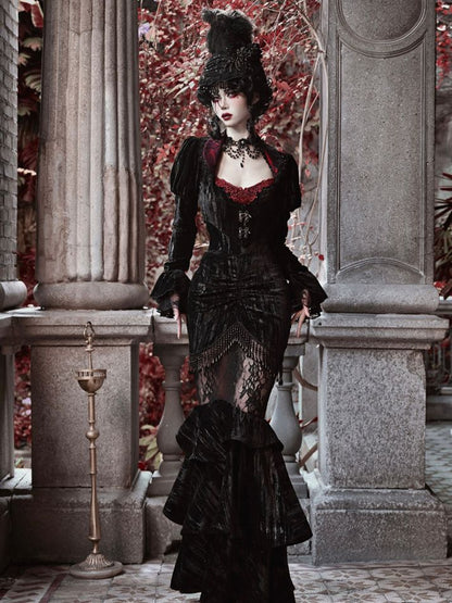 Halloween Gothic Black Velvet Cropped Jacket with Sequins Collar Vampire Jacket