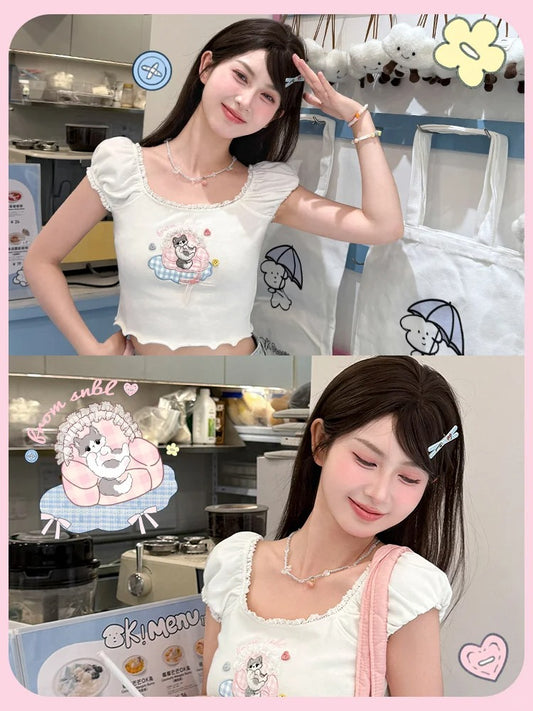 Adorable Cat Embroidery White Square Neckline and Short Puff Sleeves T-shirt