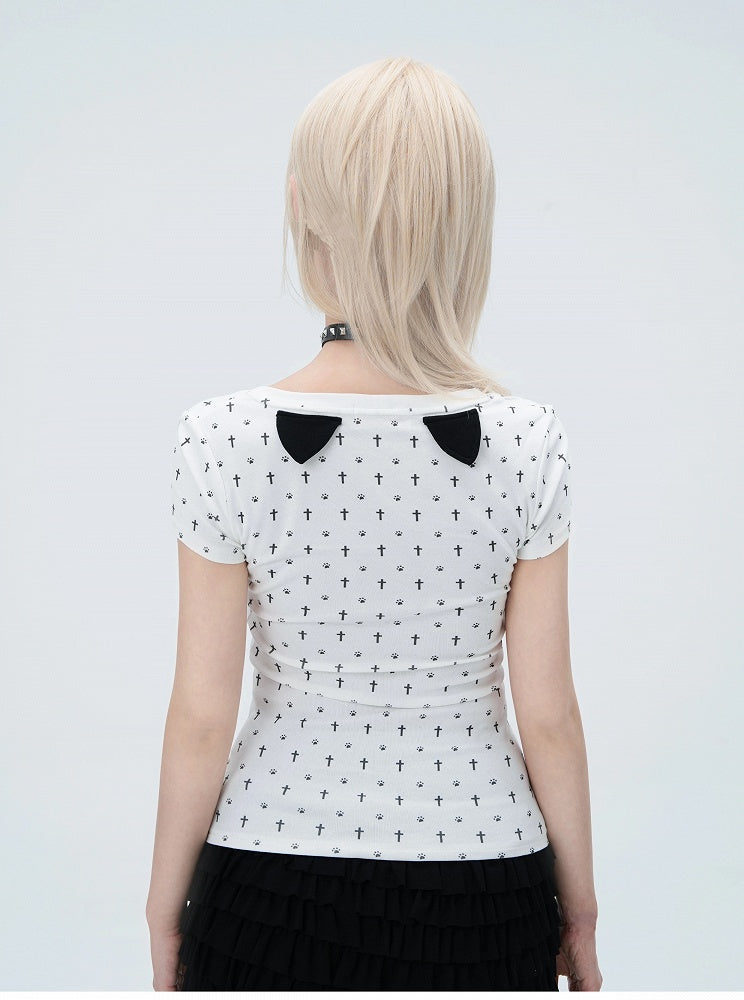 Pastel Gothic White Allover Cross and Cat Paw Print Cat Ears Detail at Back T-Shirt