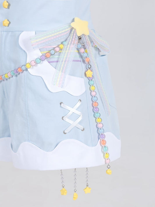 Blue High Waist Shorts with Rainbow Beaded Waist Bowknot Chain